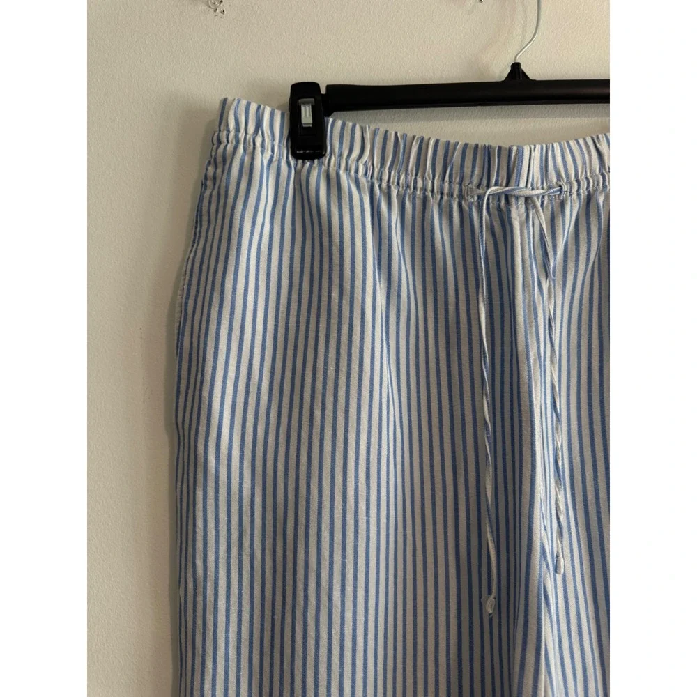 H&M Linen Blend Striped Wide Leg Pants Womens XL Blue White Drawstring Coastal